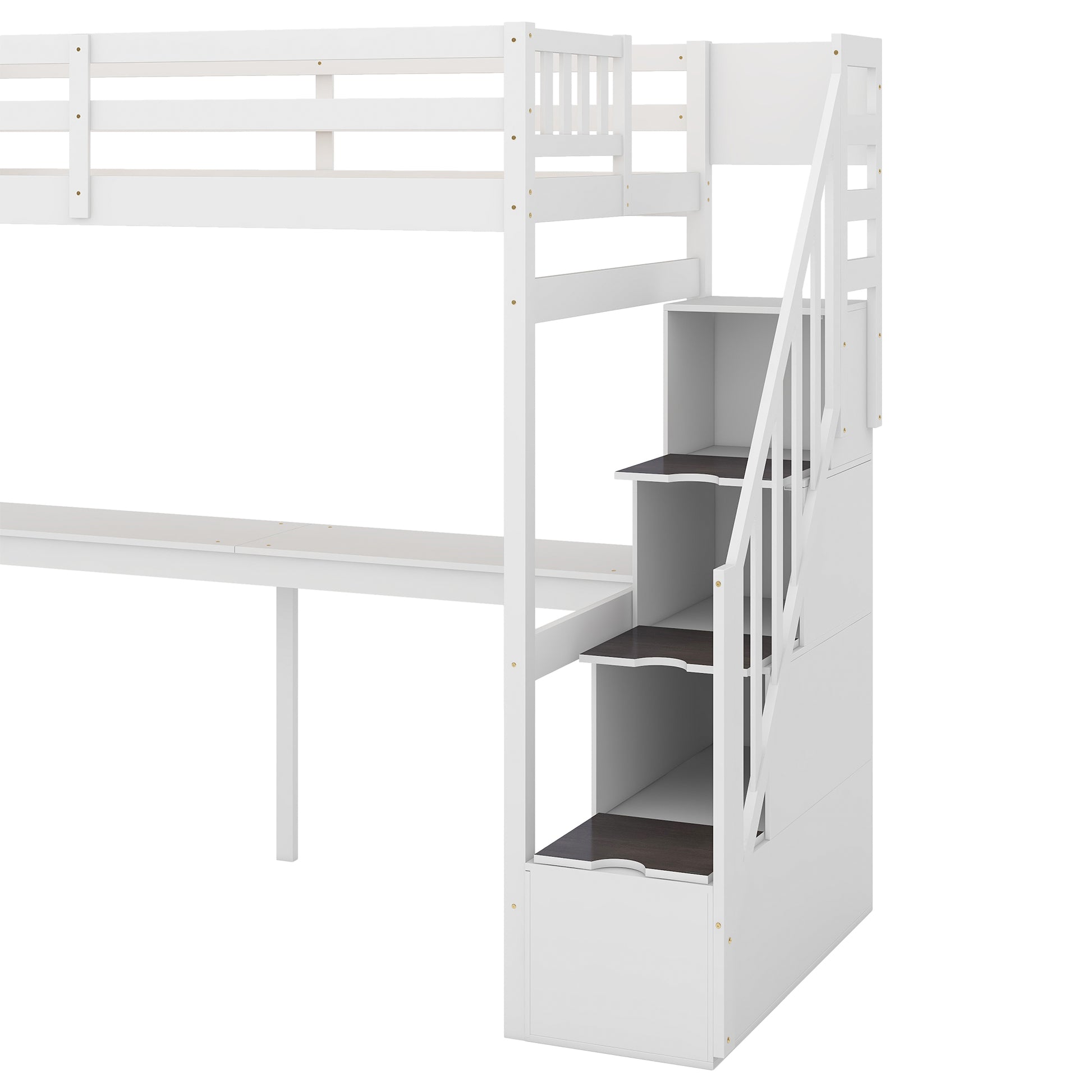 White loft bed with desk and storage stairs