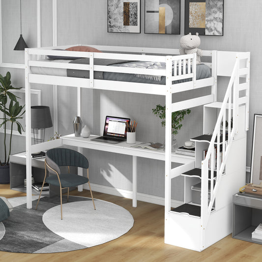 White wooden loft bed with integrated desk and storage stairs