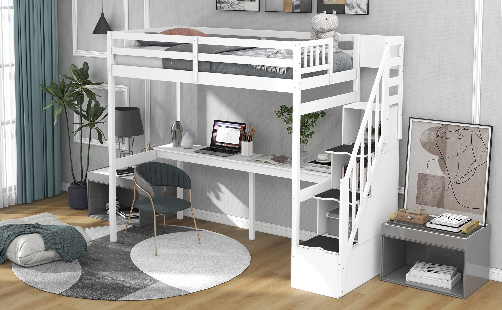 White wooden loft bed with desk and integrated storage steps