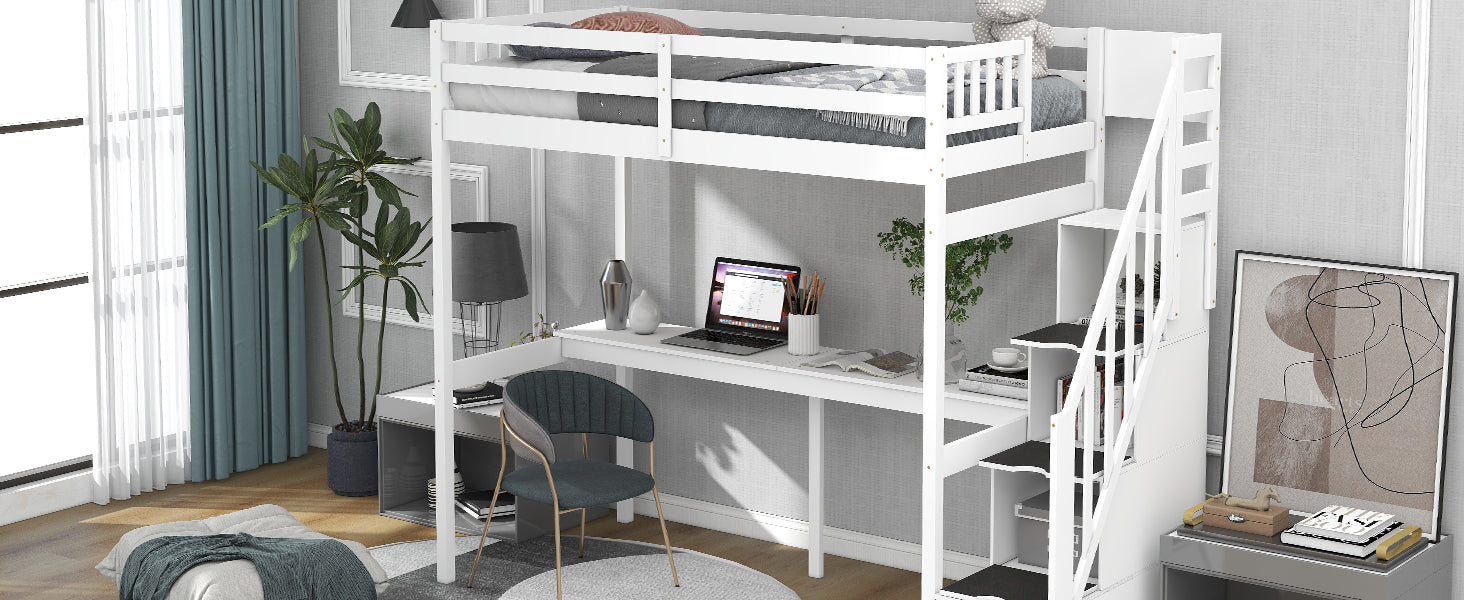 White loft bed with desk