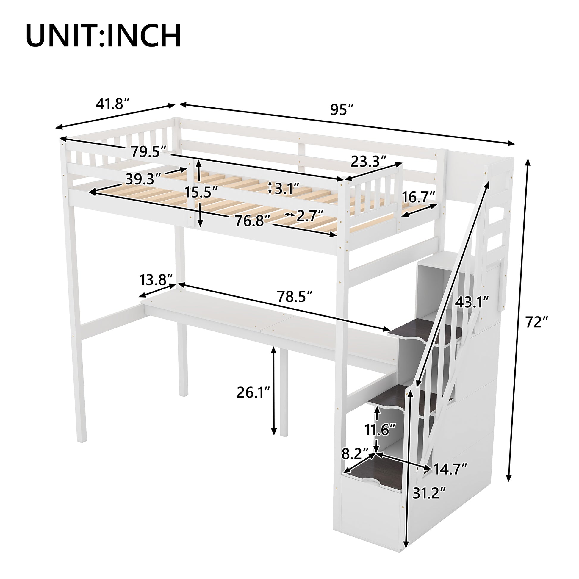 White twin loft bed with integrated desk and staircase drawers