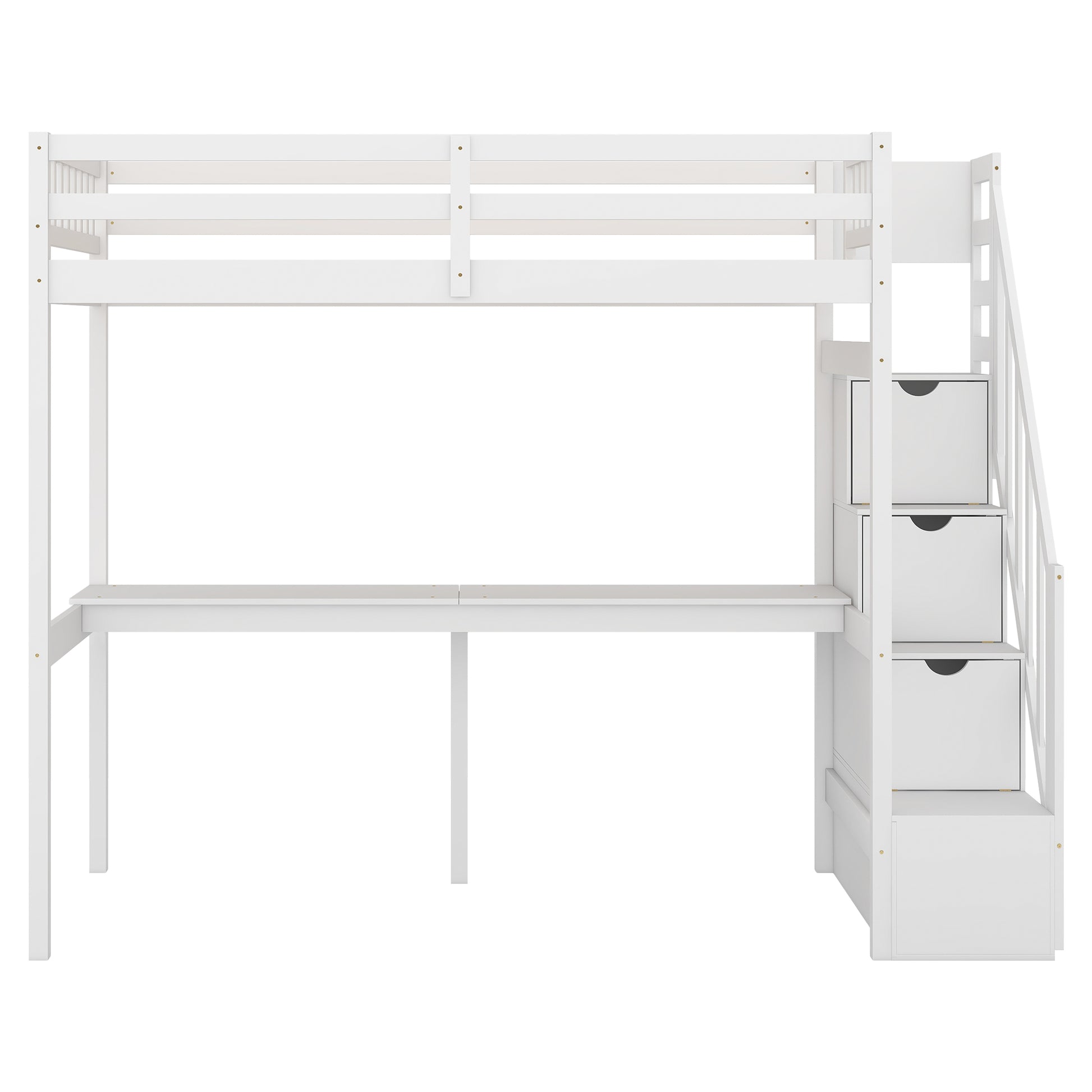 White loft bed with desk and storage stairs