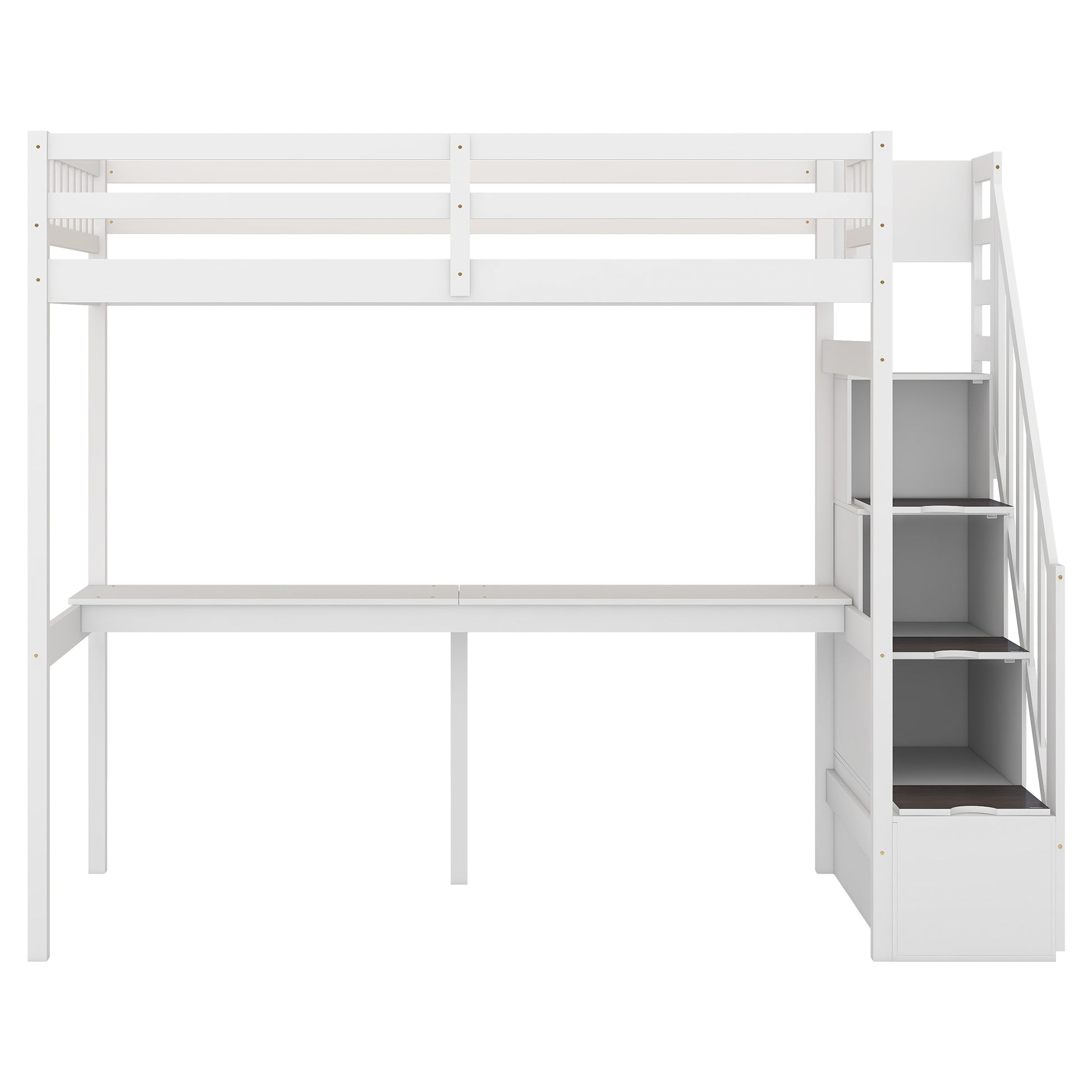 White wooden loft bed with integrated desk and staircase storage