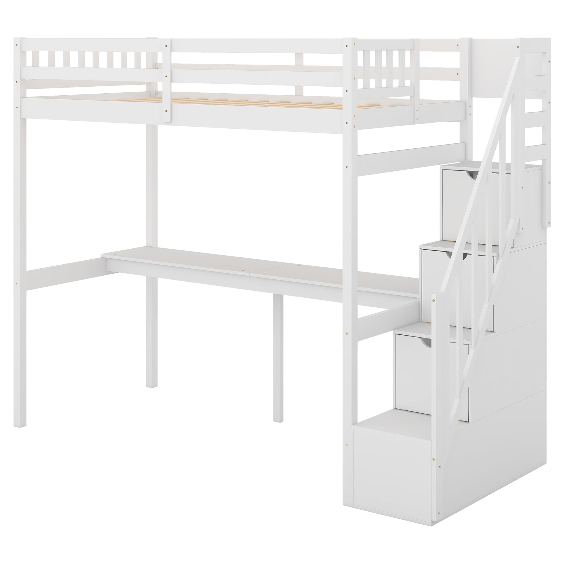 White wooden loft bed with integrated desk and storage stairs