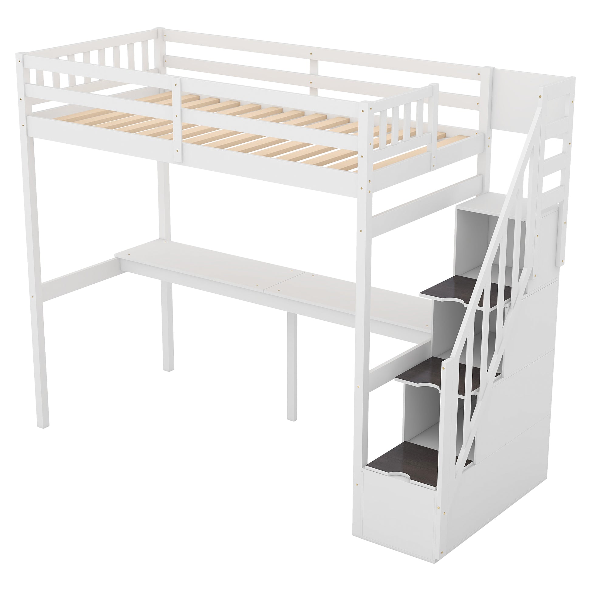 White wooden loft bed with integrated desk and storage stairs for kids