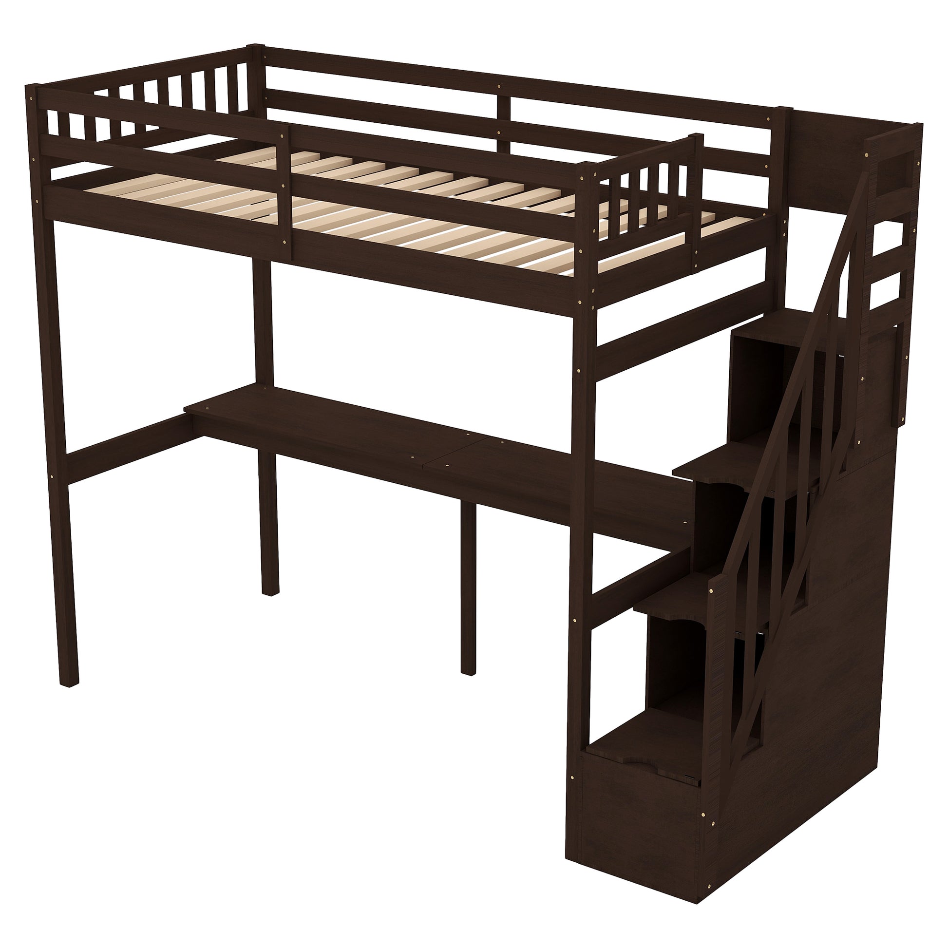Dark brown wooden loft bed with integrated desk and stairs