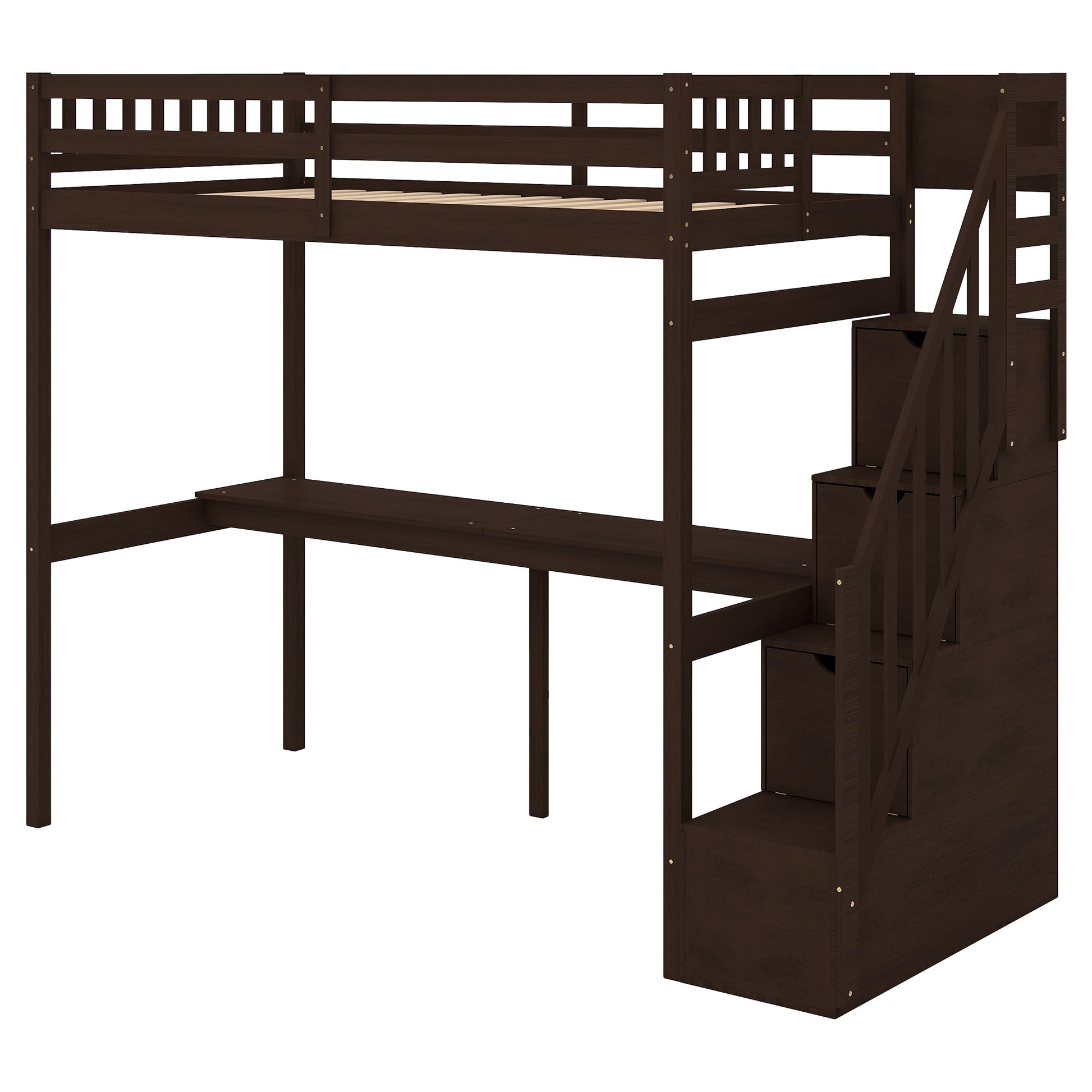 Dark brown wood loft bed with integrated desk and staircase with drawers