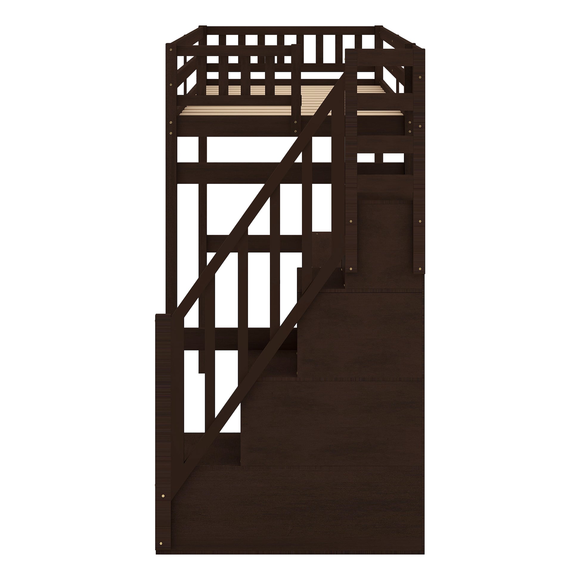Dark wood loft bed with builtin staircase and safety railing