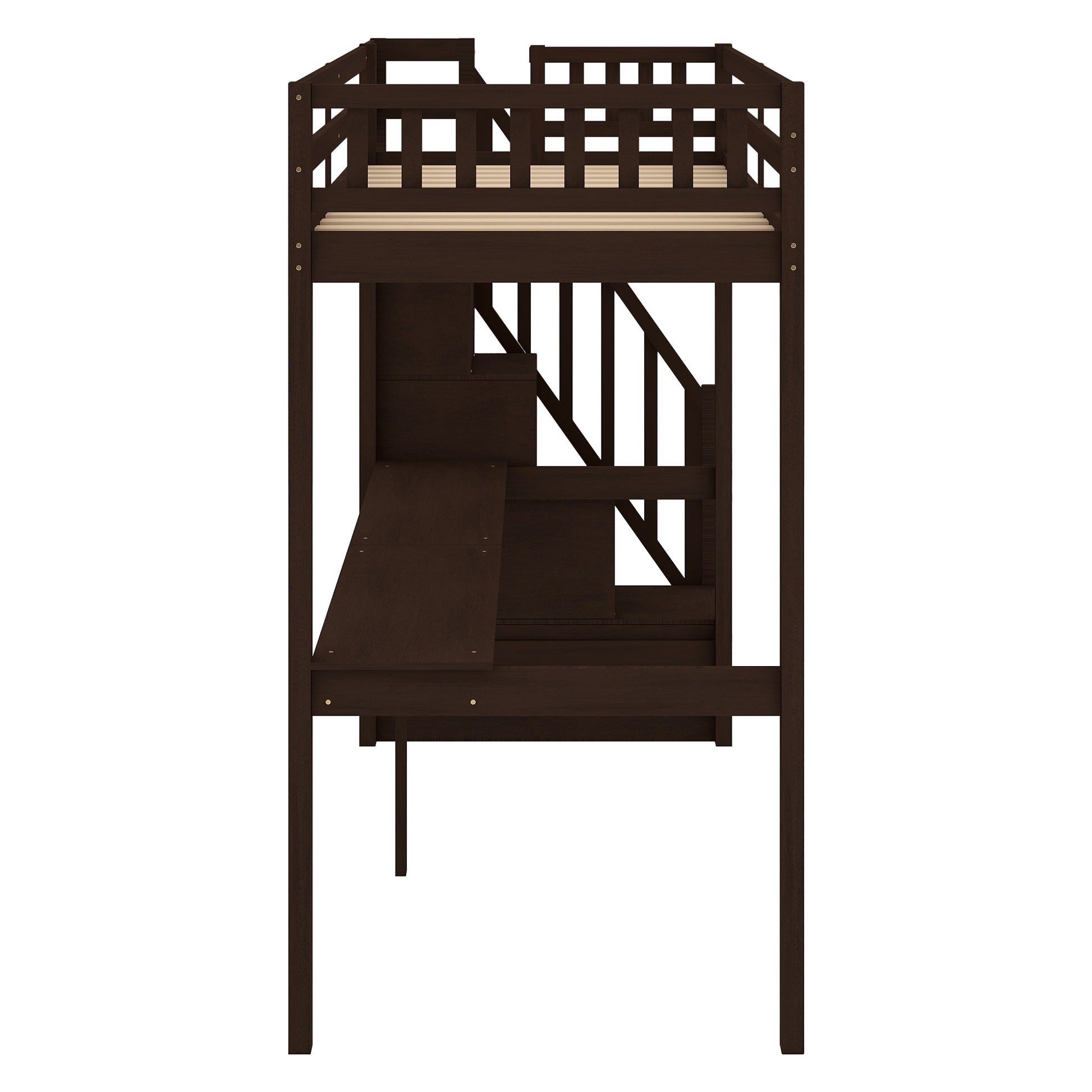 Dark wood loft bed with integrated desk and stairs