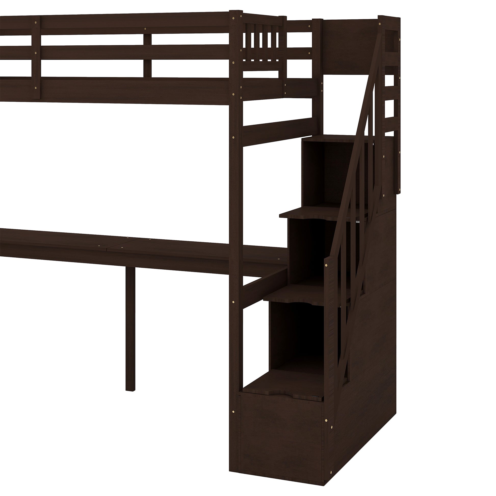 Dark brown wooden loft bed with integrated desk and storage stairs