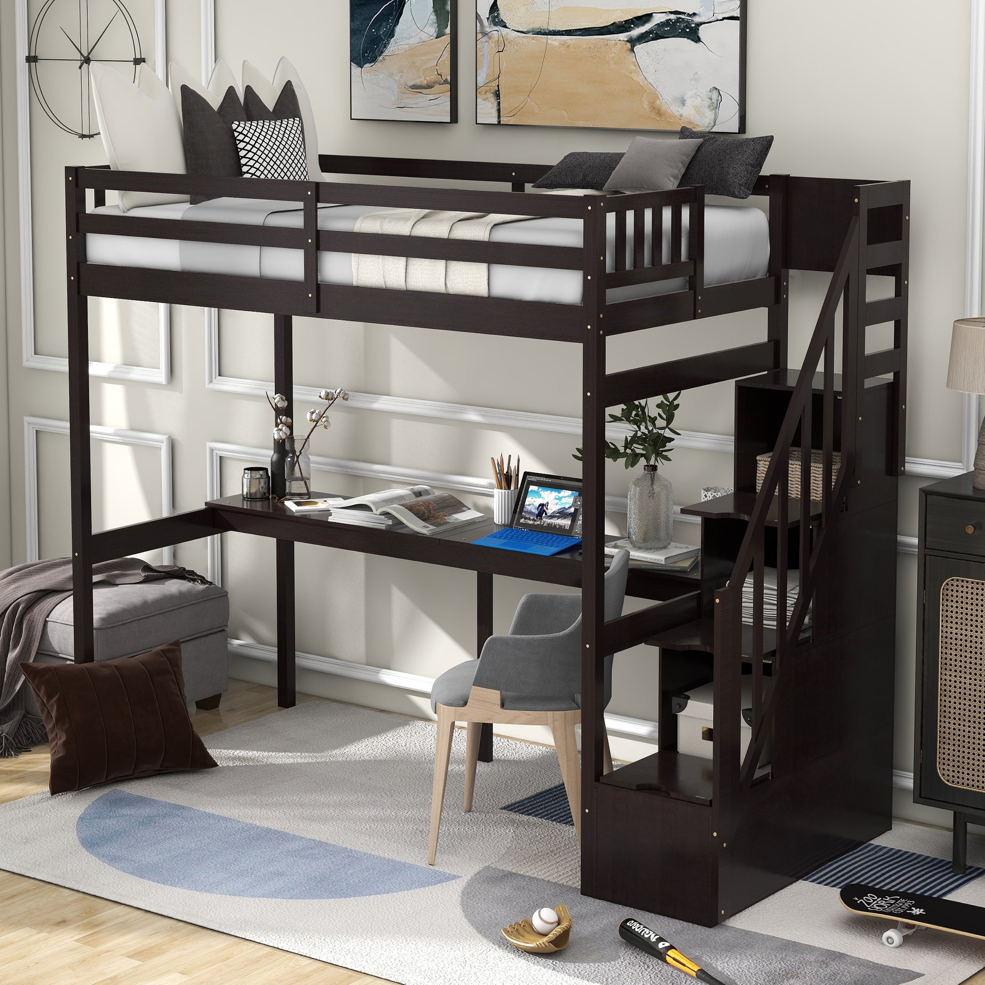 Dark wood loft bed with integrated desk and stairs