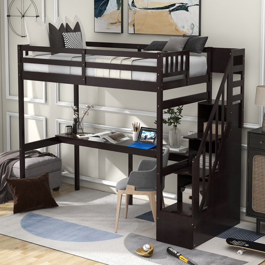 Dark wood loft bed with integrated desk and stairs