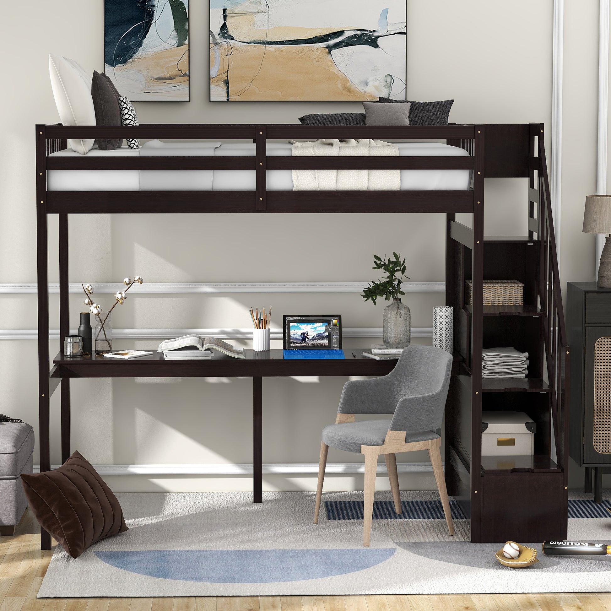 Dark brown loft bed with desk and integrated shelves
