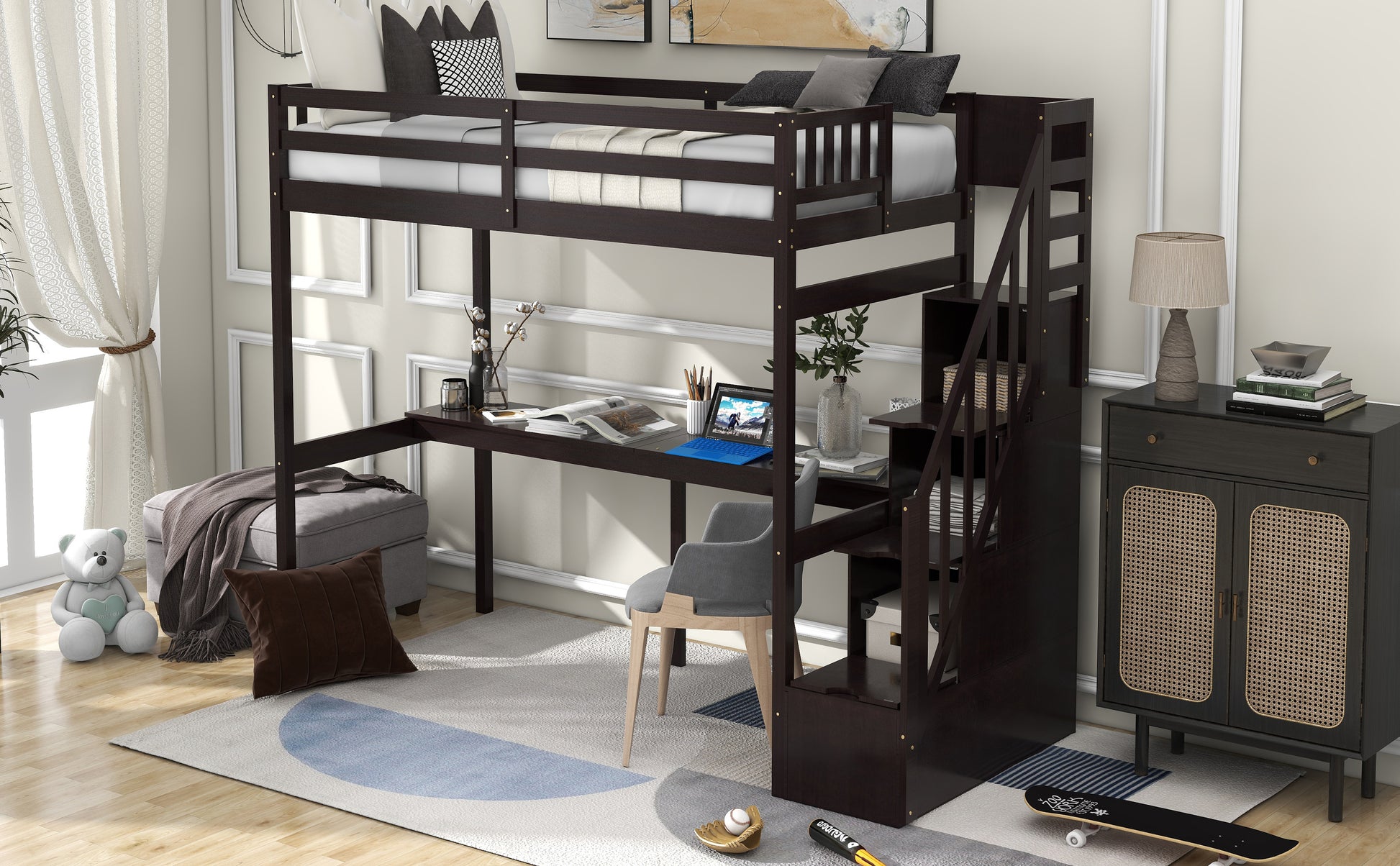 Dark wood loft bed with desk and stairs