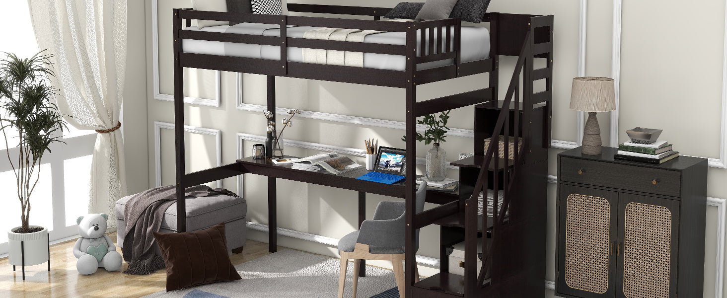 Dark brown wood loft bed with integrated desk and stairs