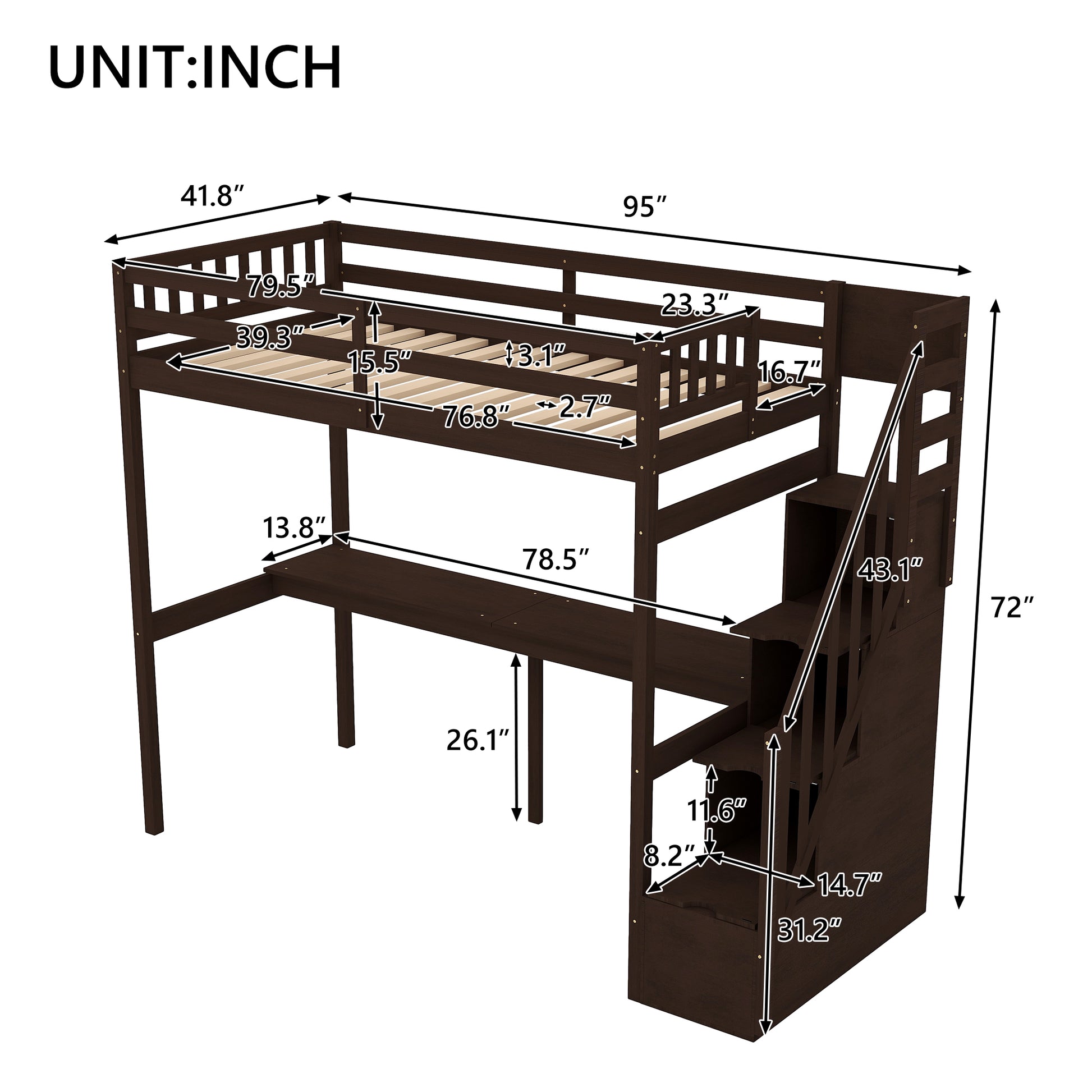 Dark brown loft bed with integrated desk and stairs dimensions labeled in inches
