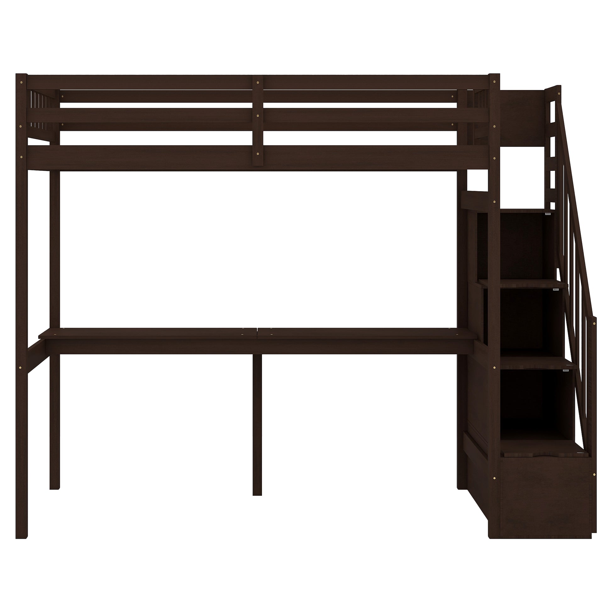 Dark brown wooden loft bed with integrated desk and storage stairs