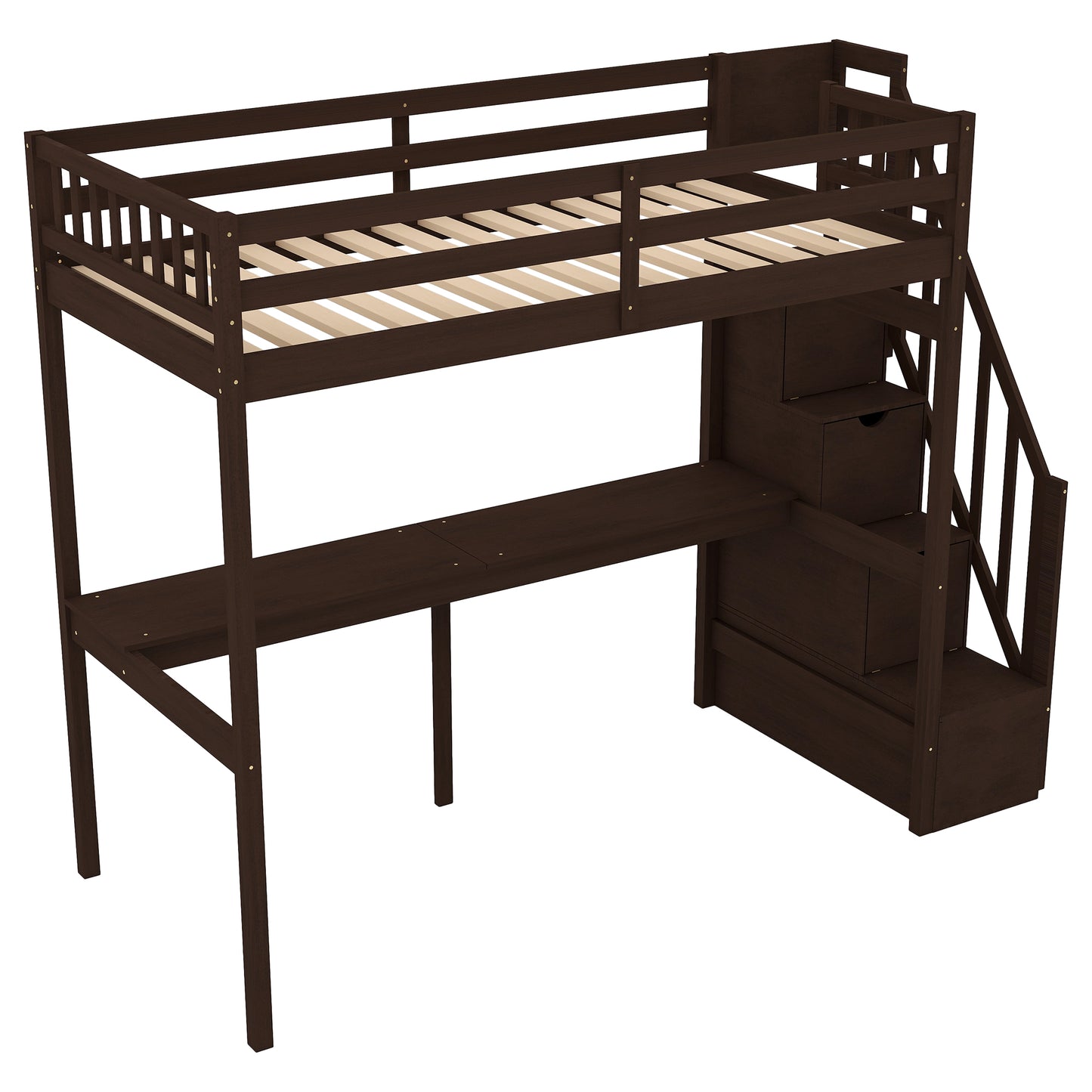 Dark wood loft bed with integrated desk and stairs