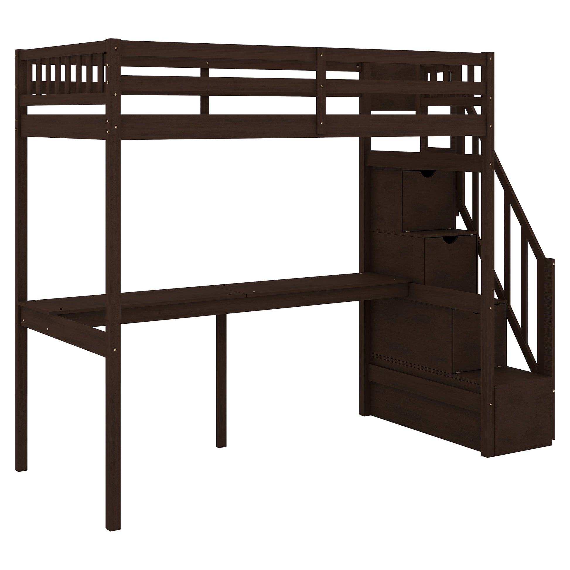 Dark wood loft bed with integrated desk and stairs