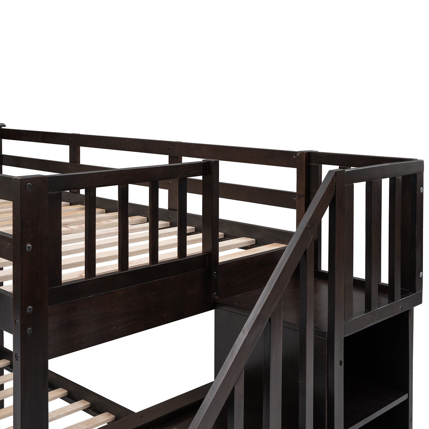Dark brown wooden bunk bed with safety rails and integrated staircase