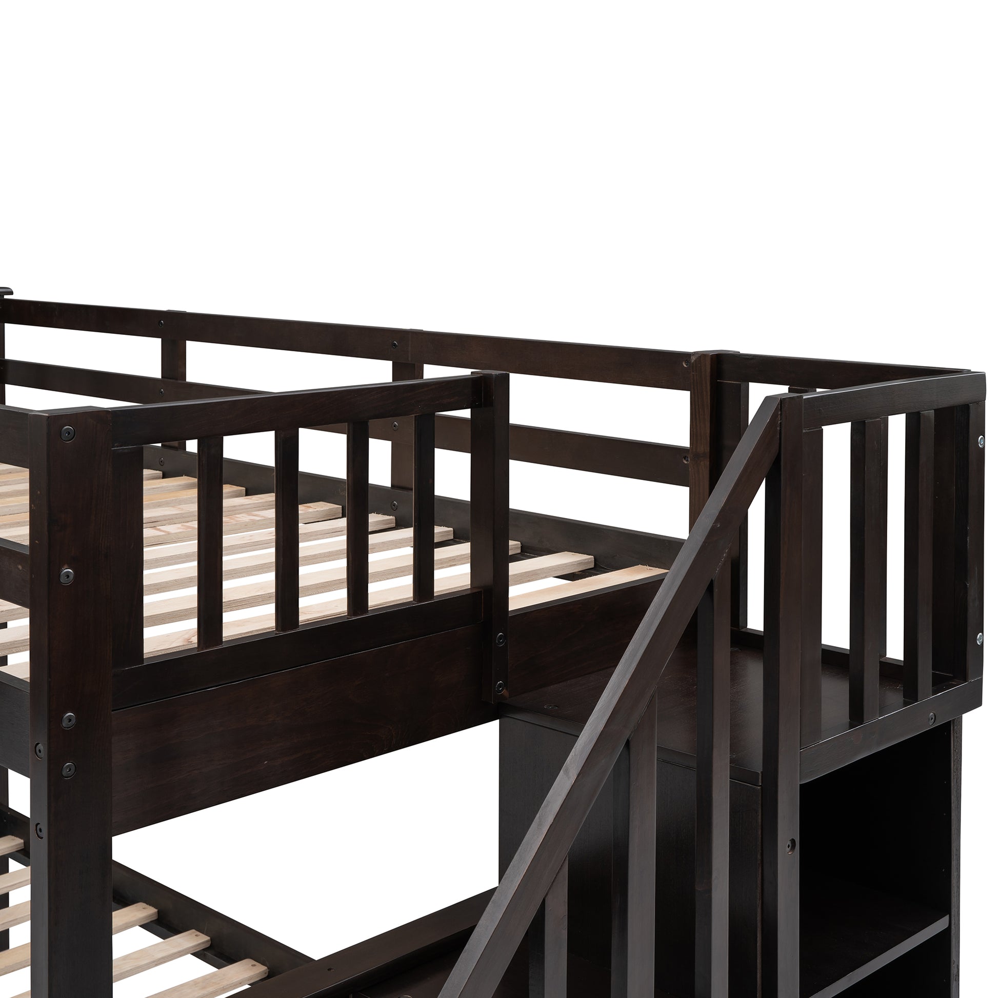 Dark brown wooden bunk bed with safety rails and integrated staircase