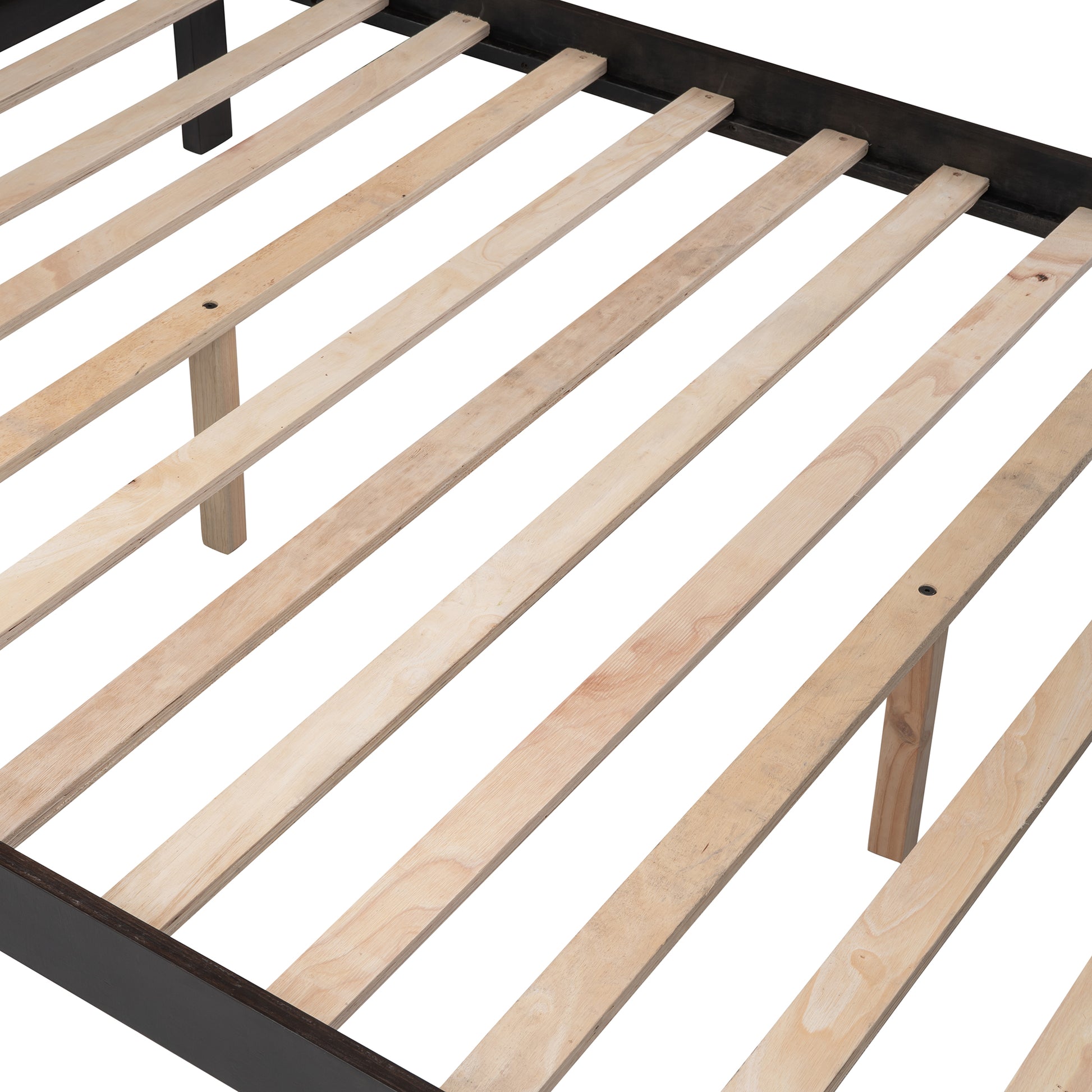 Dark brown metal bed frame with natural wood slats