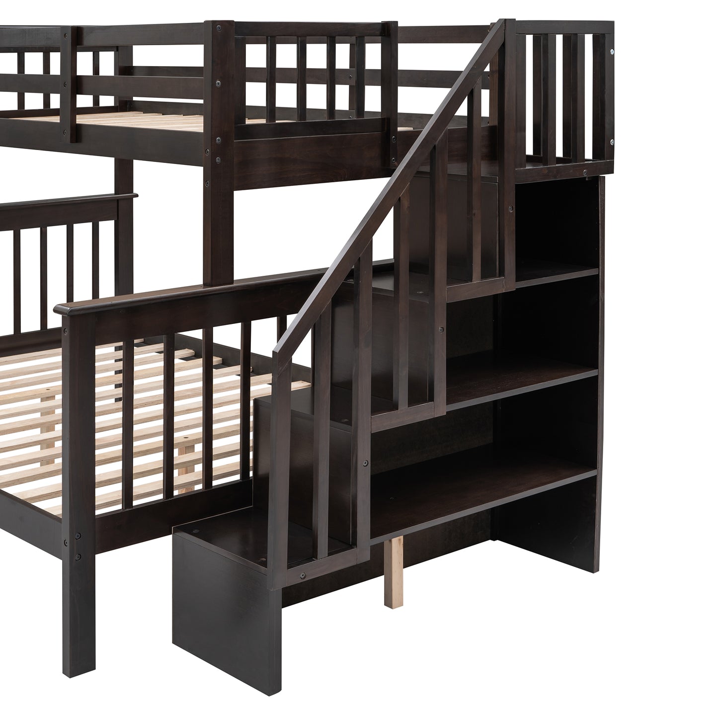 Dark brown wooden bunk bed with integrated storage stairs