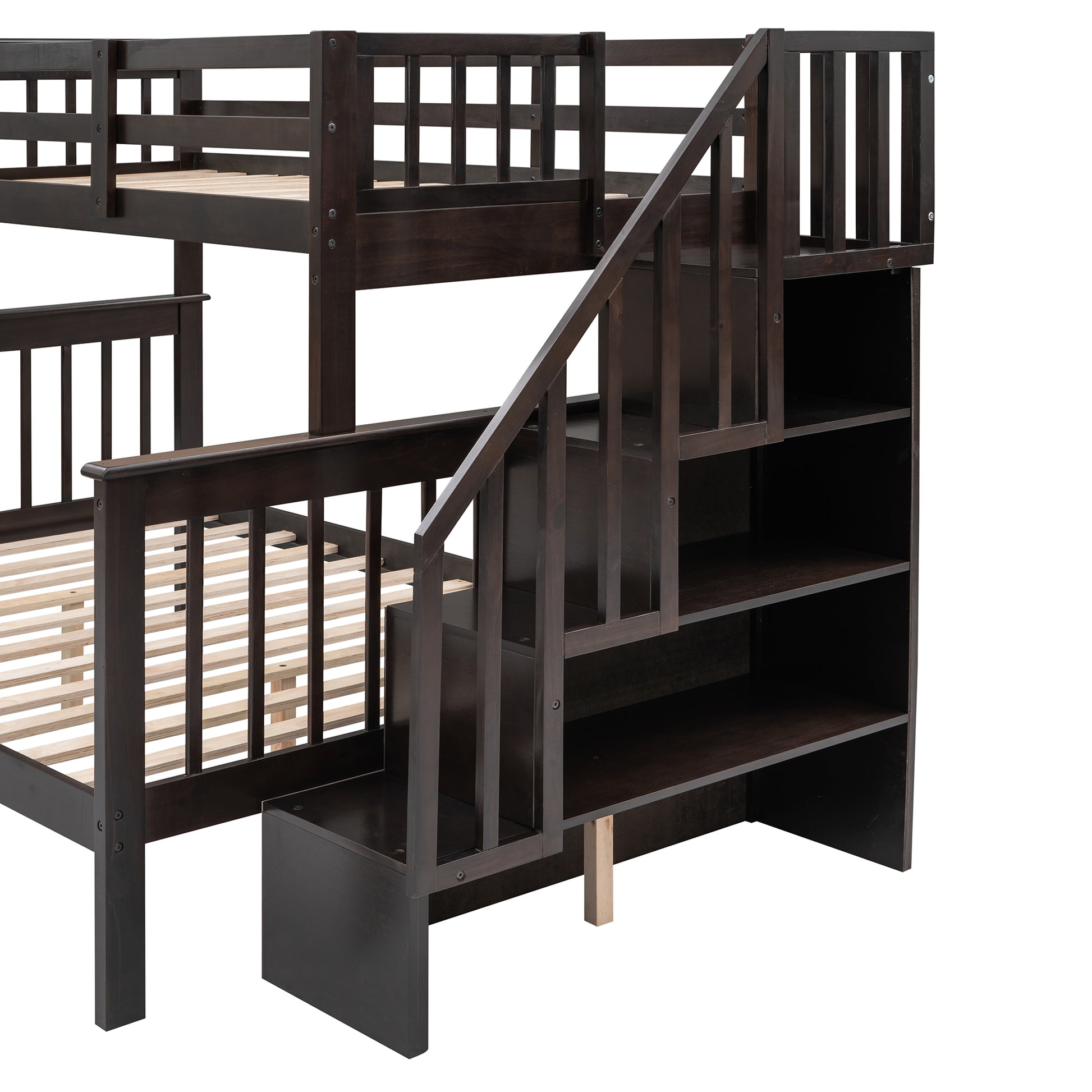 Dark brown wooden bunk bed with integrated storage stairs
