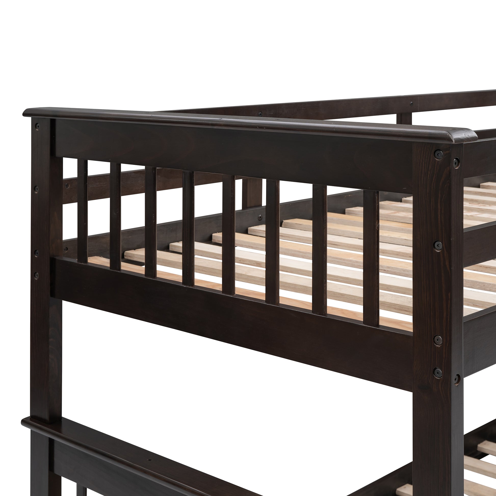 Dark brown wooden bunk bed frame with slatted base