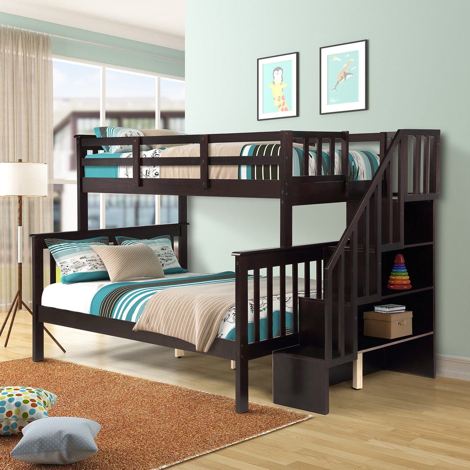 Dark brown wooden bunk bed with stairs and integrated shelving