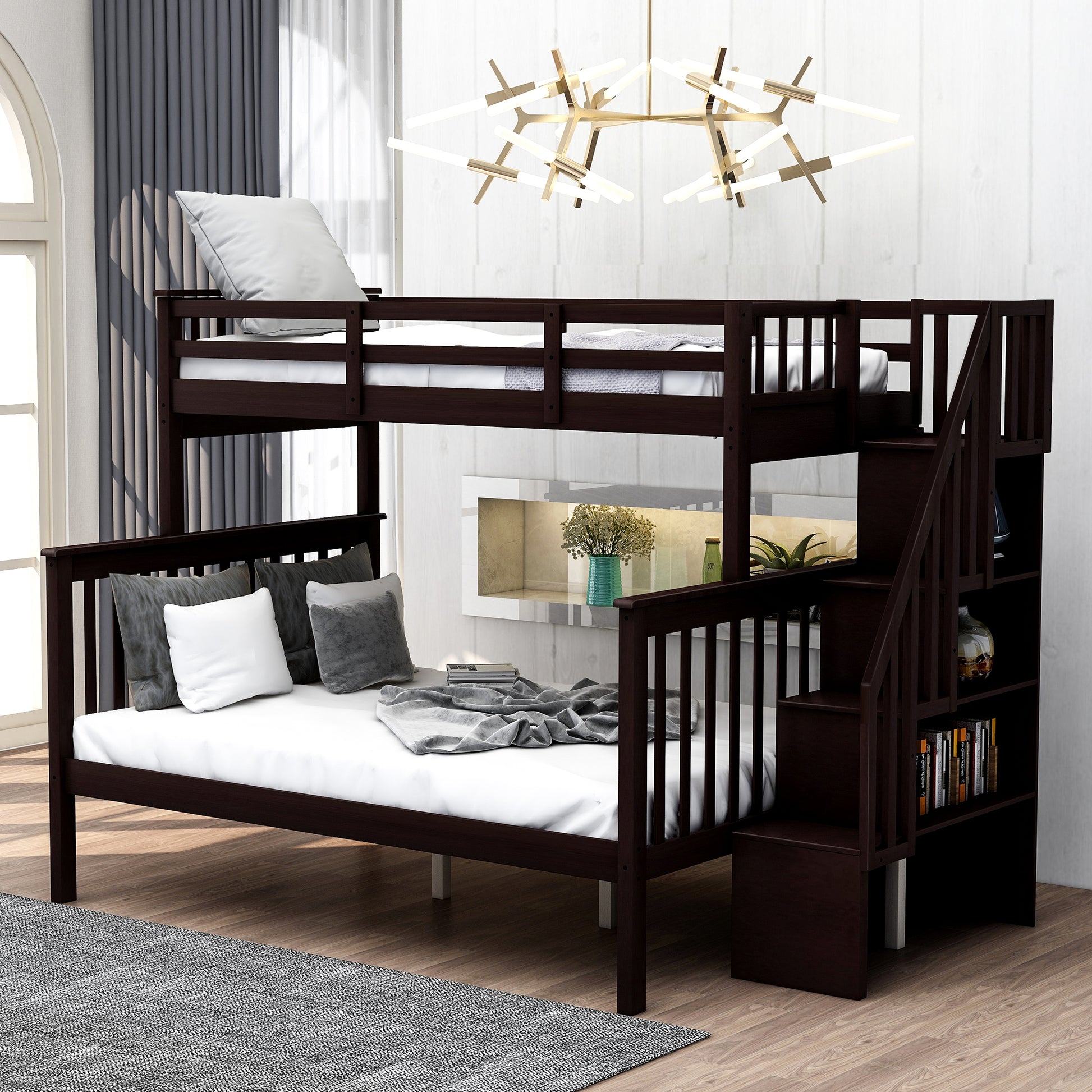 Dark wood bunk bed with stairs and storage