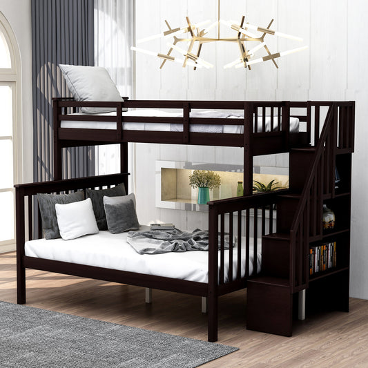 Dark wood bunk bed with stairs and storage