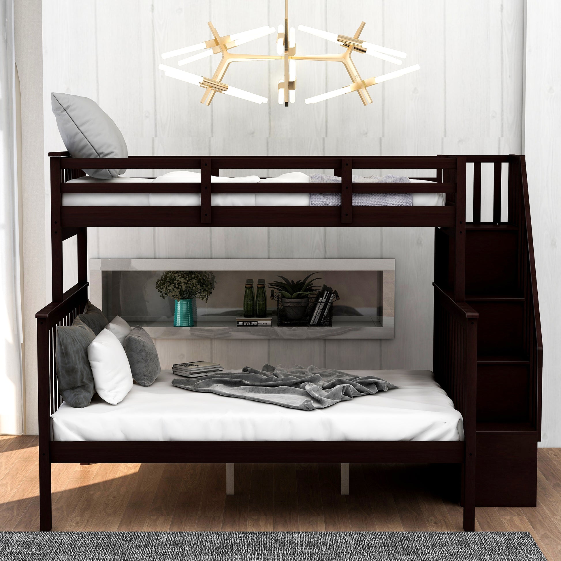 Dark espresso wood bunk bed with stairs