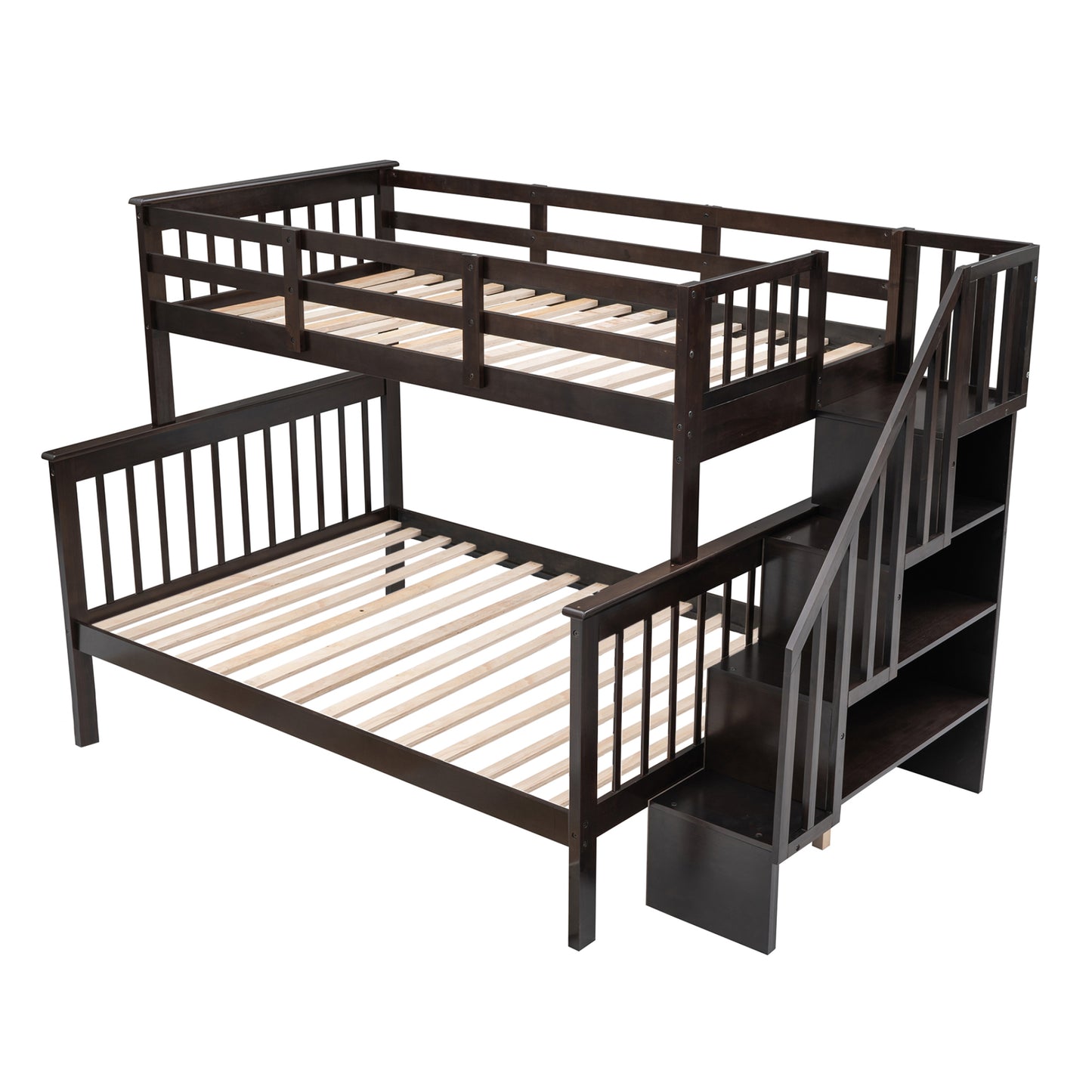 Dark brown wooden bunk bed with stairs and storage for kids