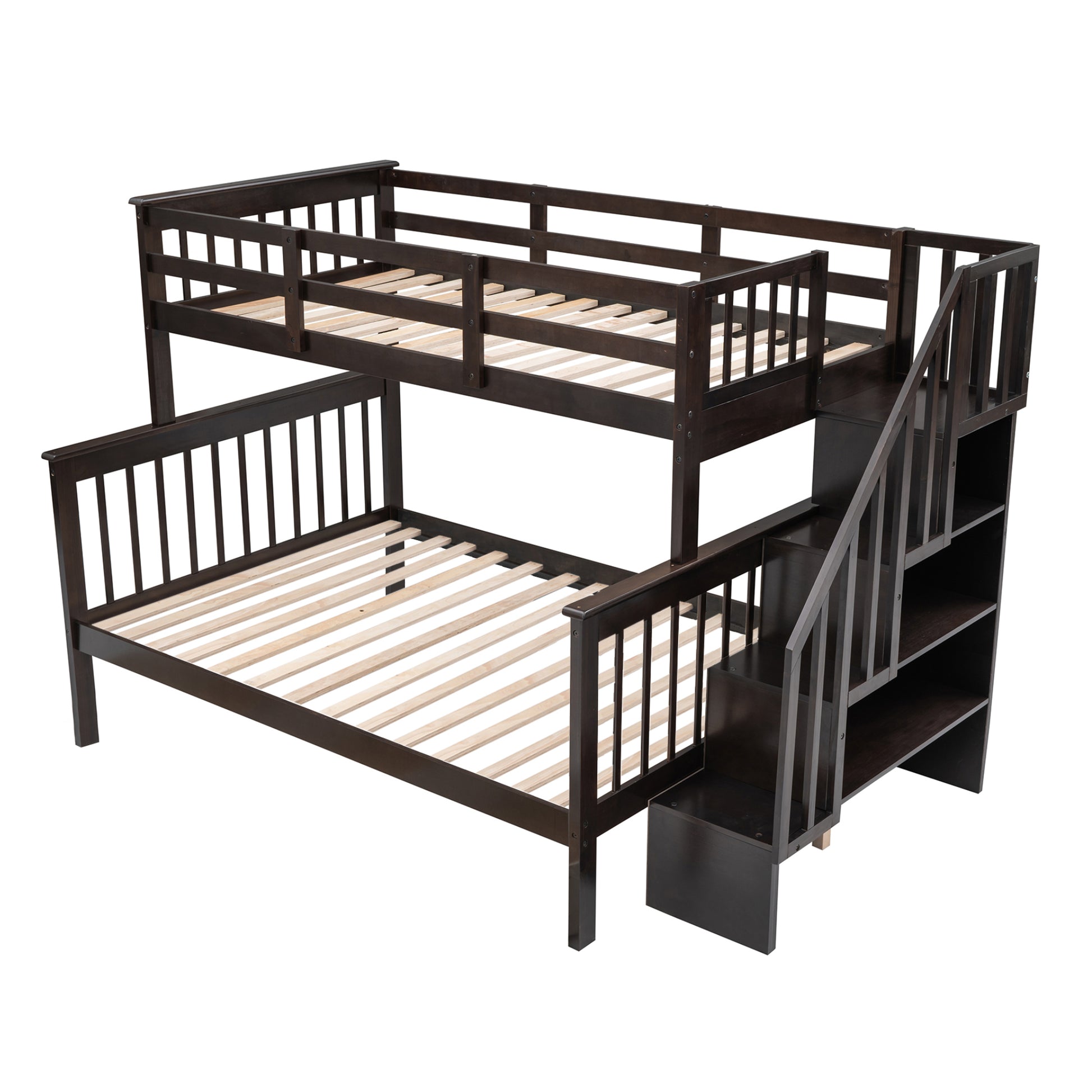 Dark brown wooden bunk bed with stairs and storage for kids