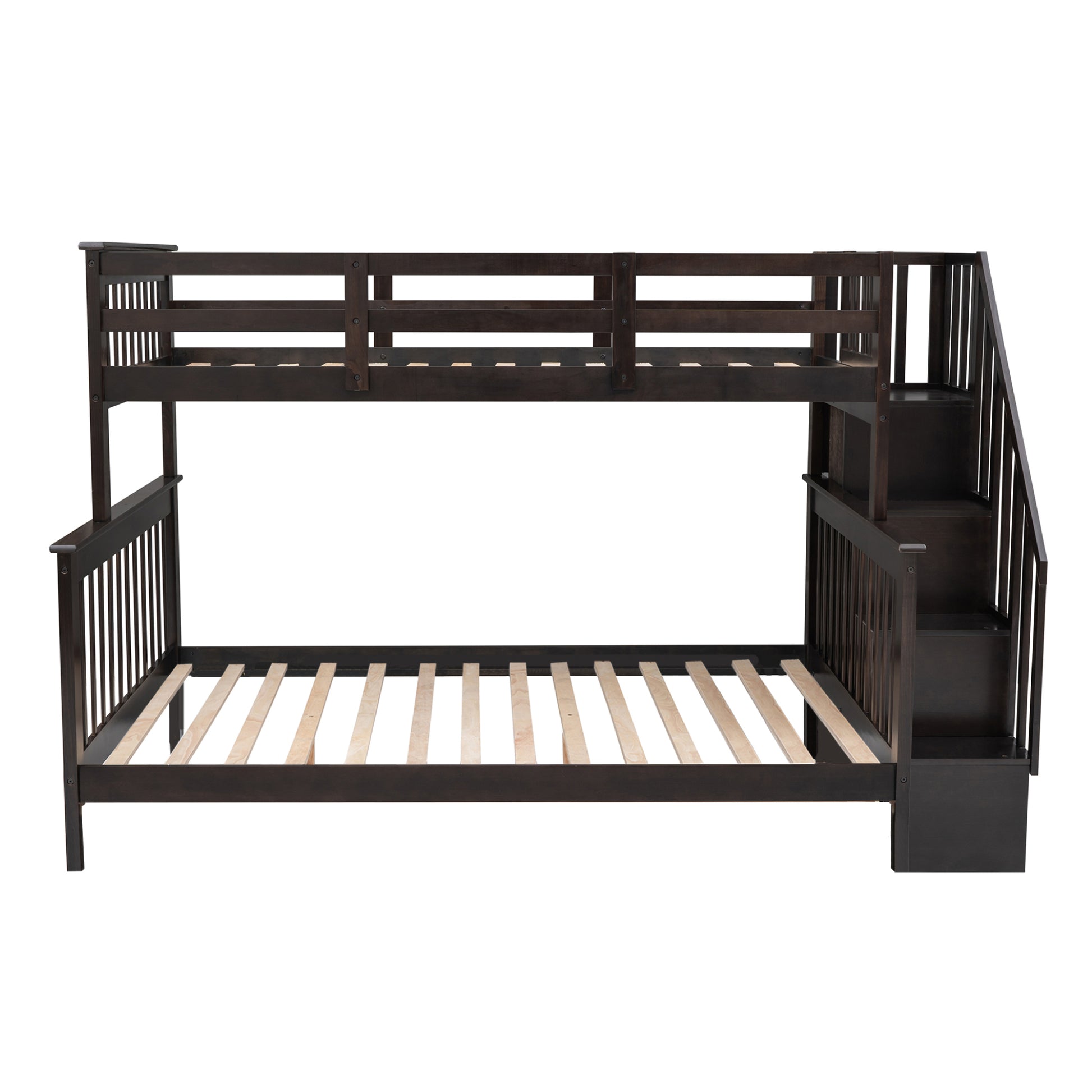 Dark brown wooden bunk bed with stairs and storage