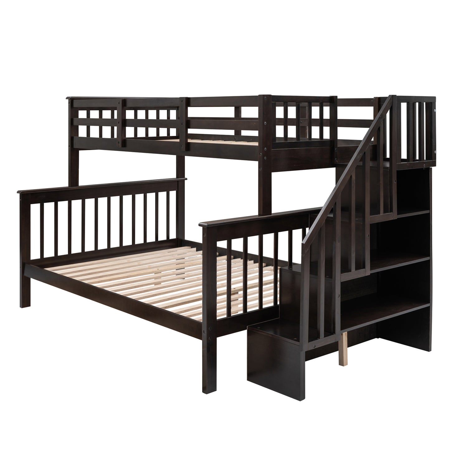 Dark brown wooden bunk bed with stairs and builtin shelving