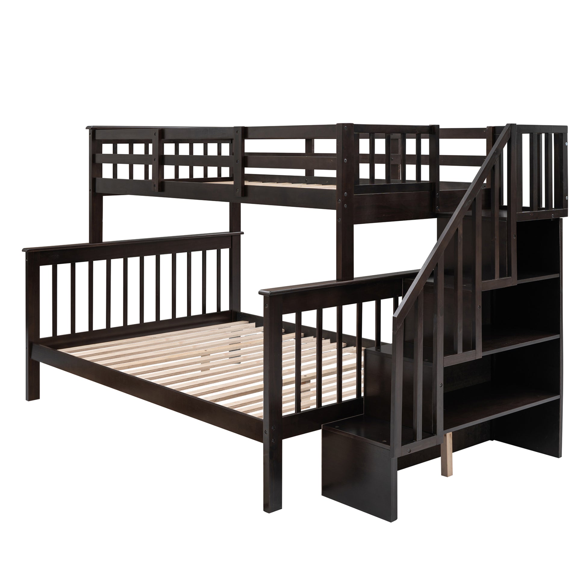 Dark brown wooden bunk bed with stairs and builtin shelving