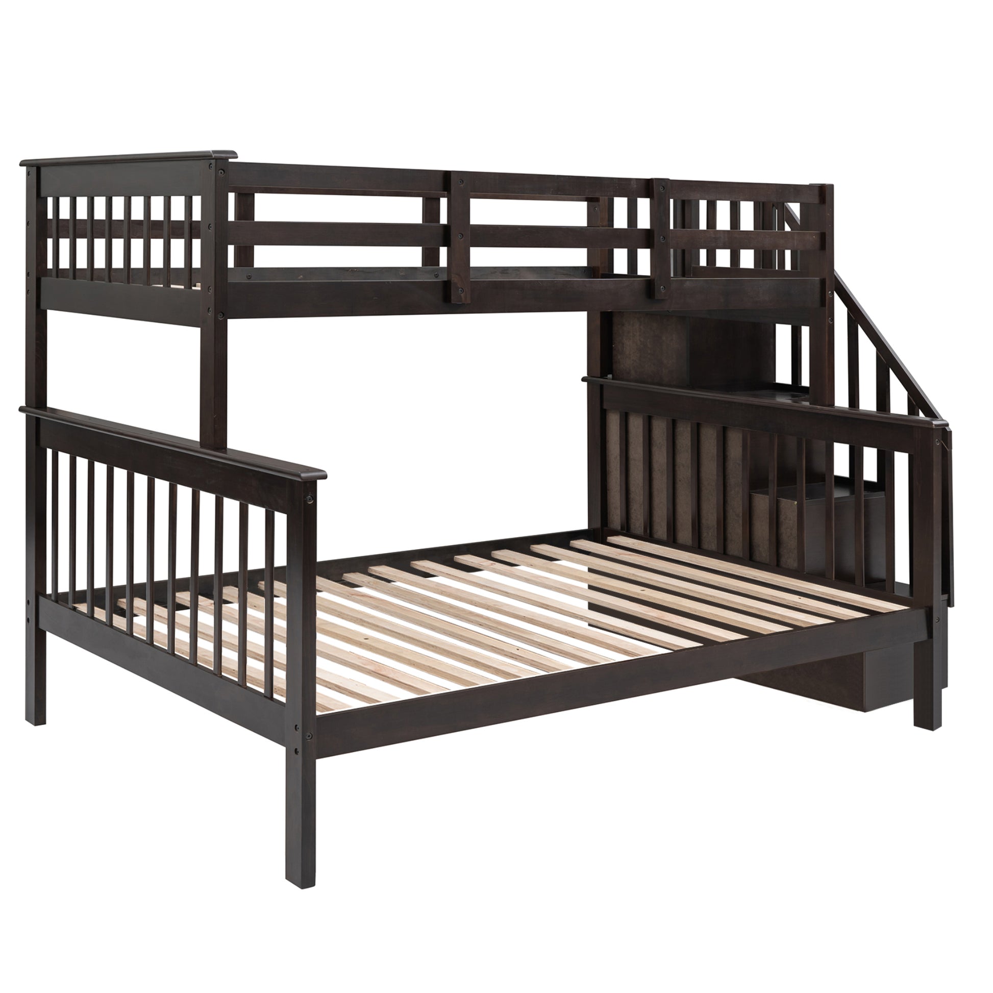 Dark brown wooden bunk bed with integrated staircase and storage