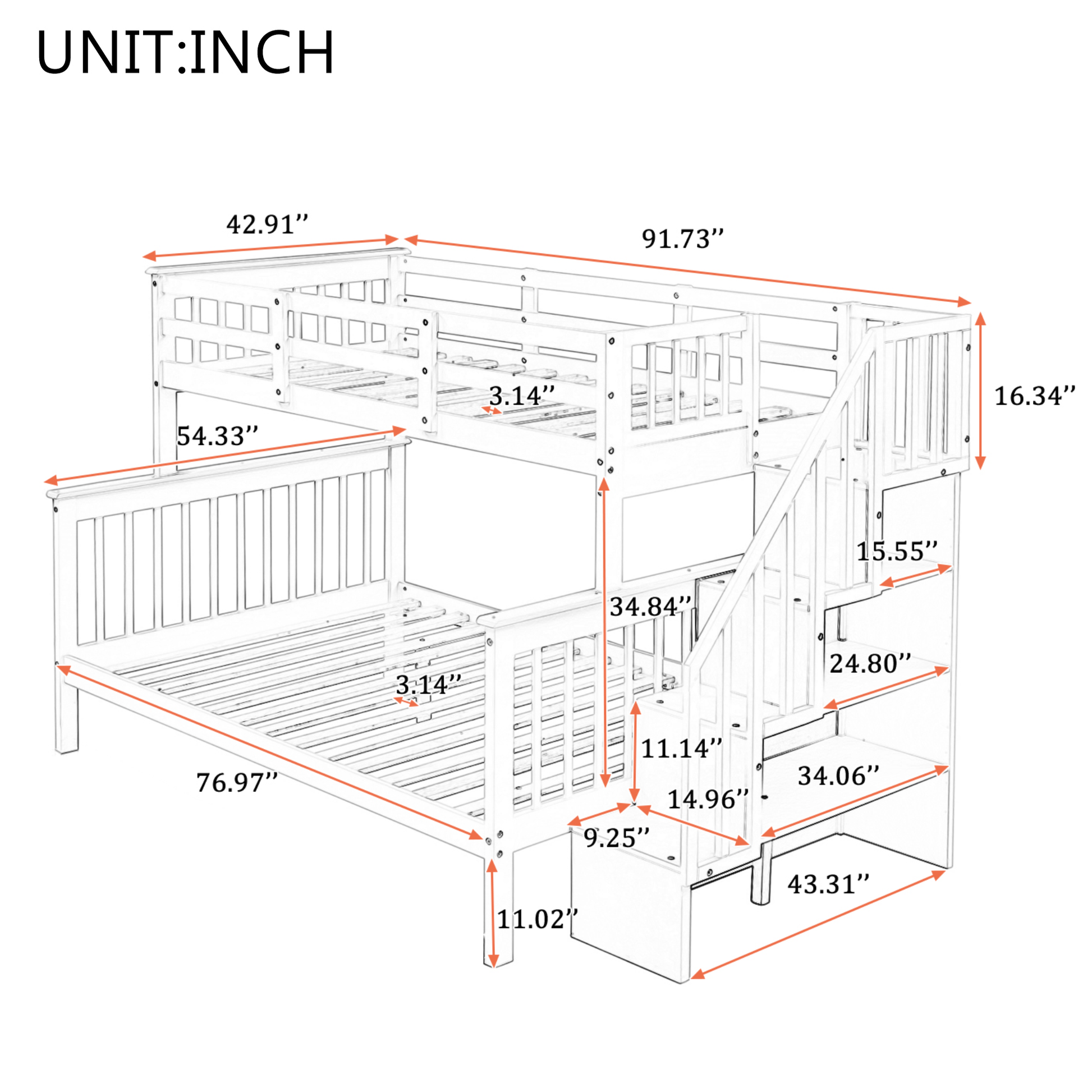 Line drawing of white wood bunk bed with stairs