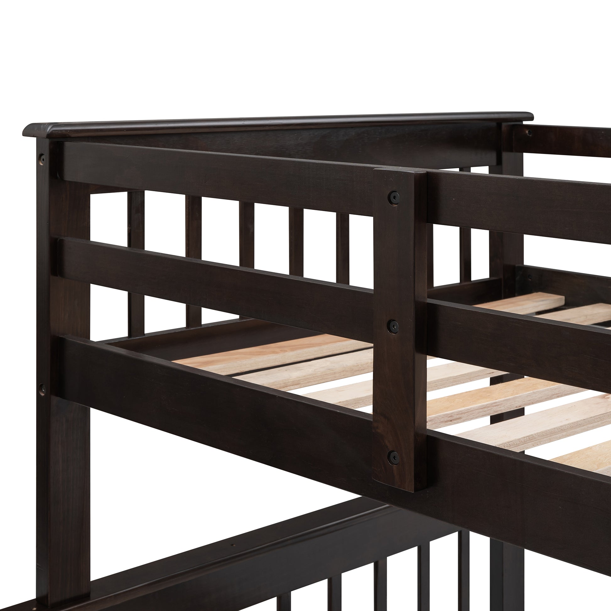 Dark wood bunk bed frame detail with slatted mattress support