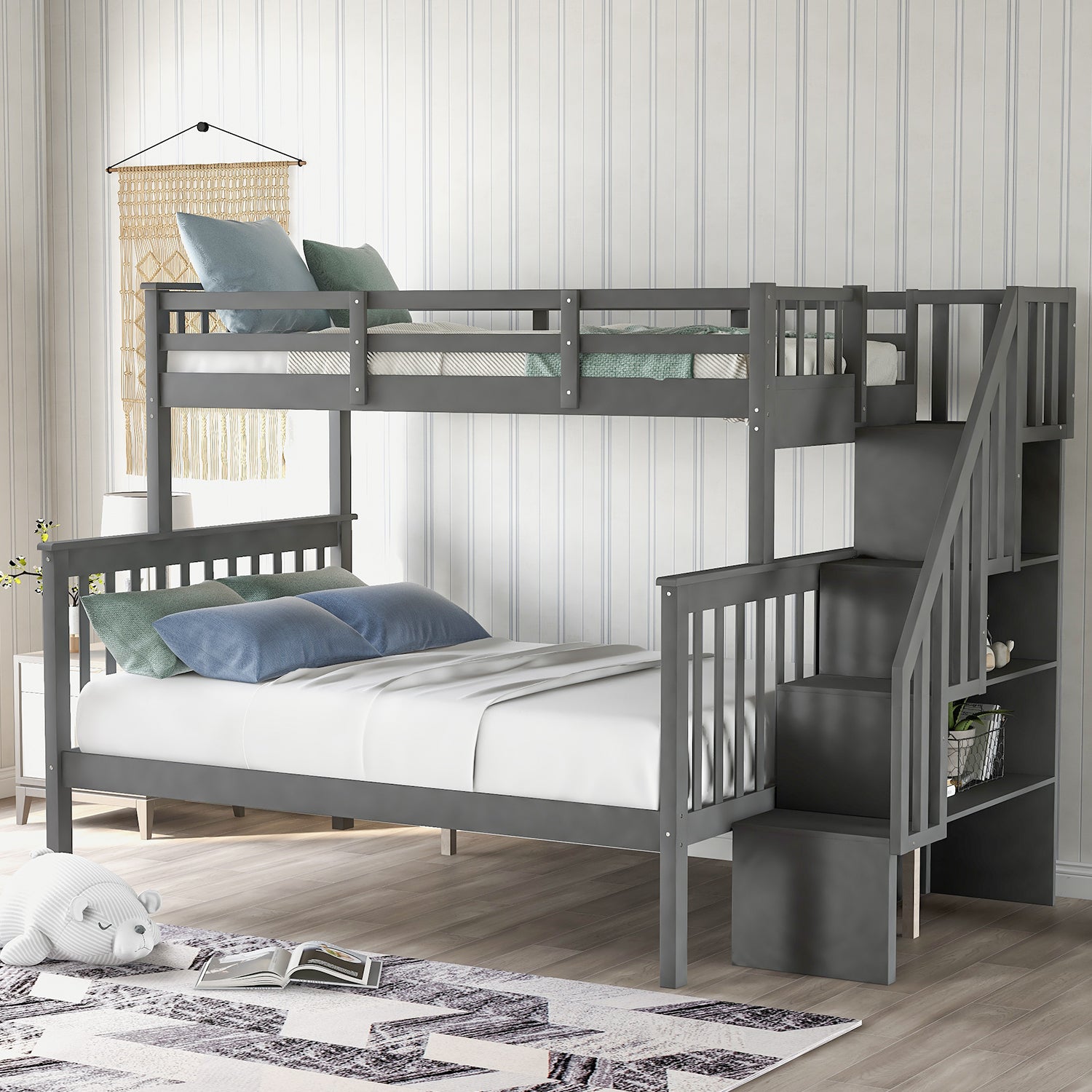 Gray twin over twin bunk bed with storage stairs