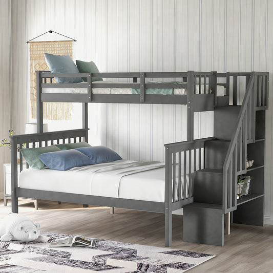Gray twin over twin bunk bed with storage stairs