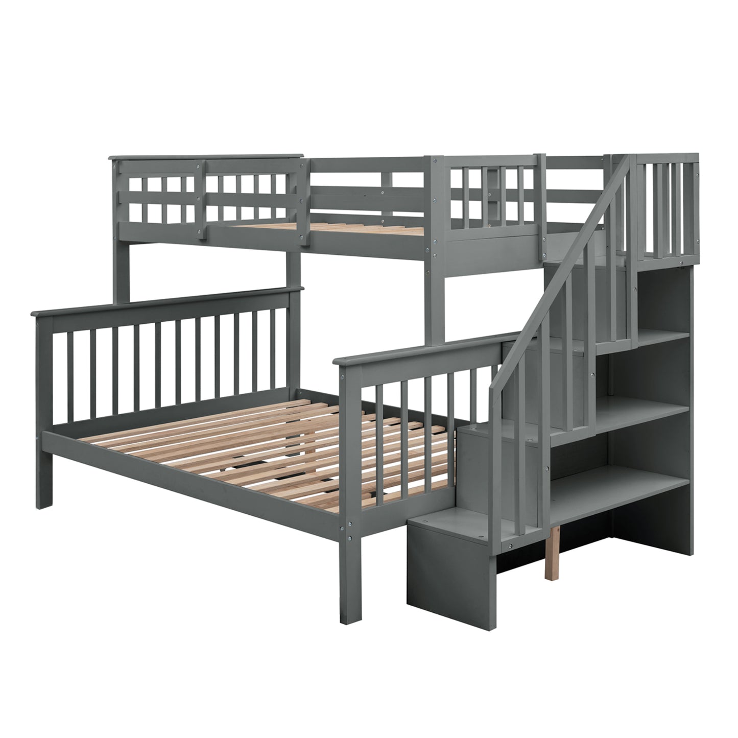 Grey wooden bunk bed with stairs and storage