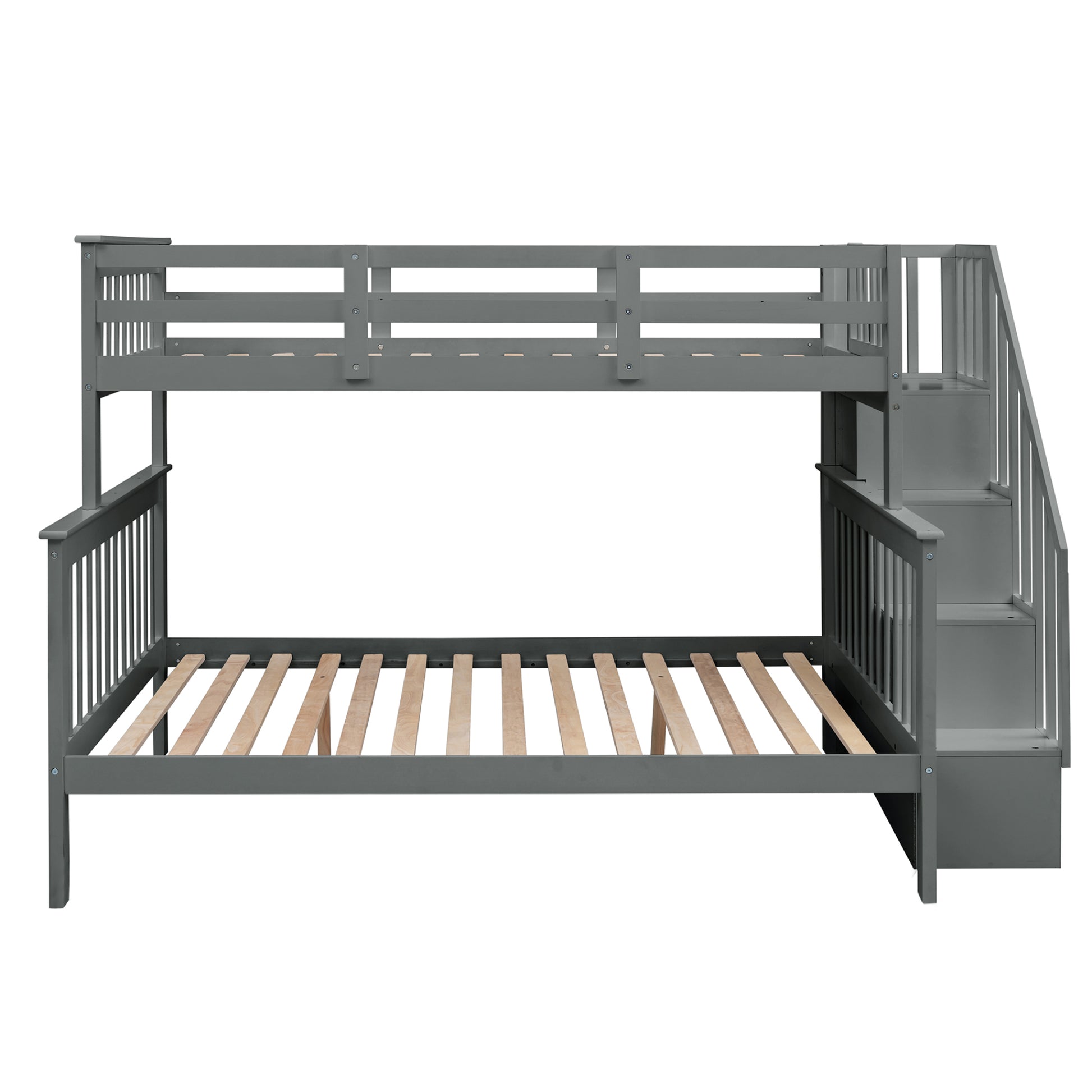 Gray wooden bunk bed with stairs and storage