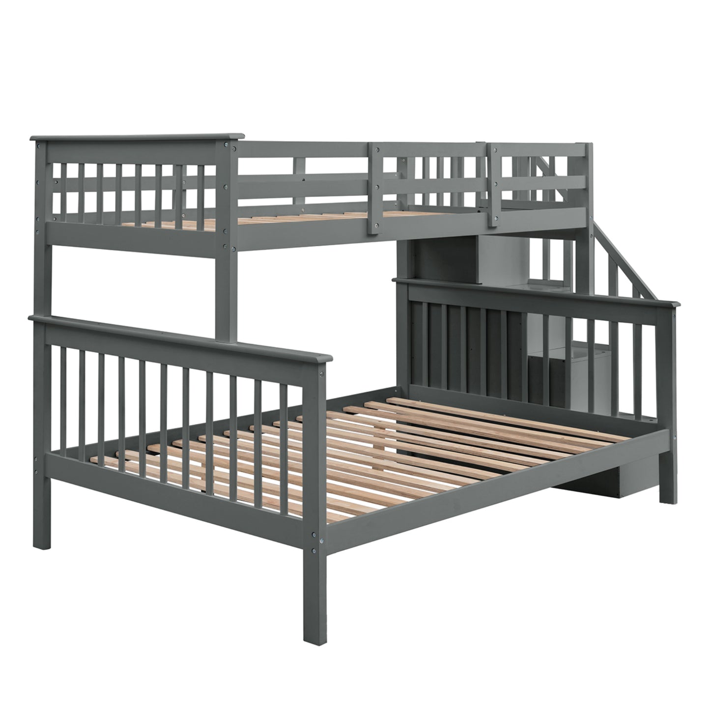 Gray wooden twin over twin bunk bed with stairs