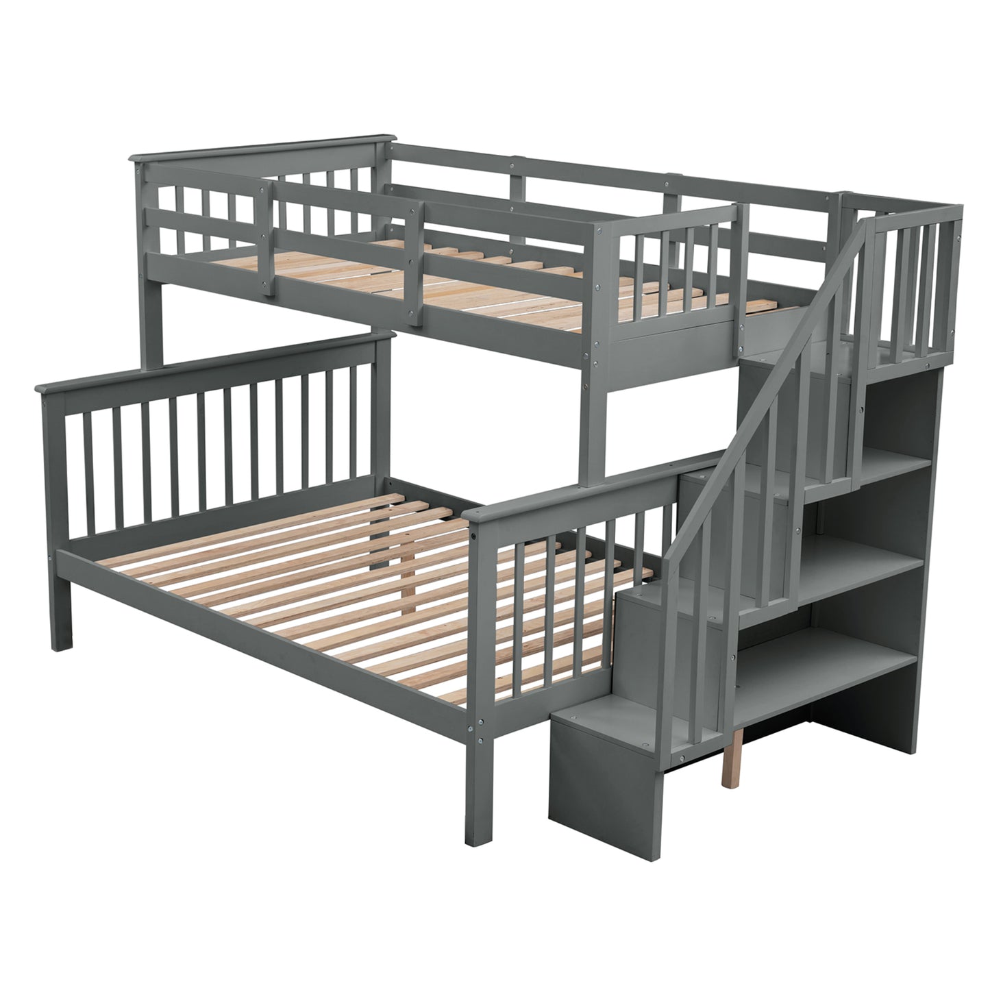 Gray wooden triple bunk bed with stairs and storage shelves