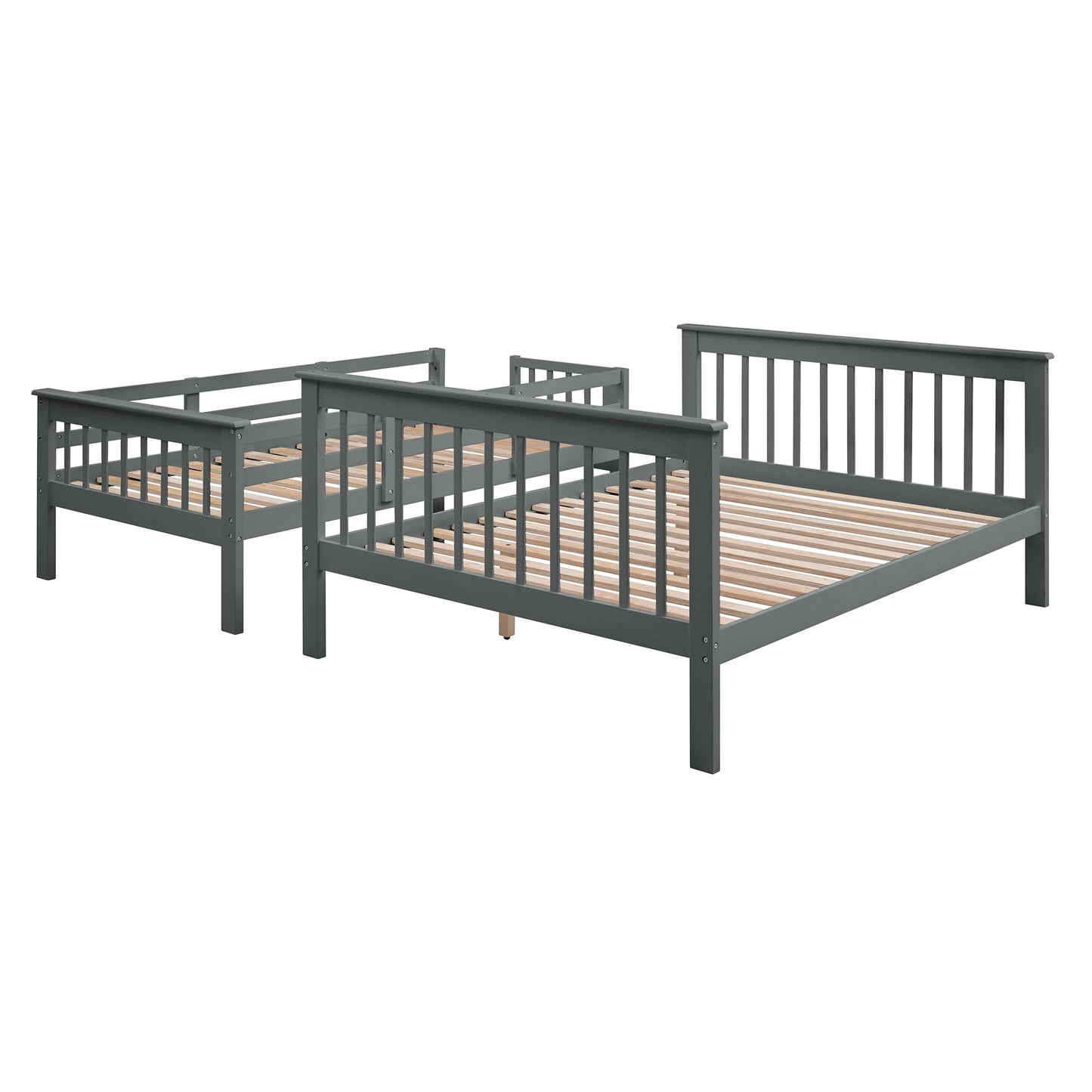 Gray wooden bunk bed frame with slatted bases ready for mattresses