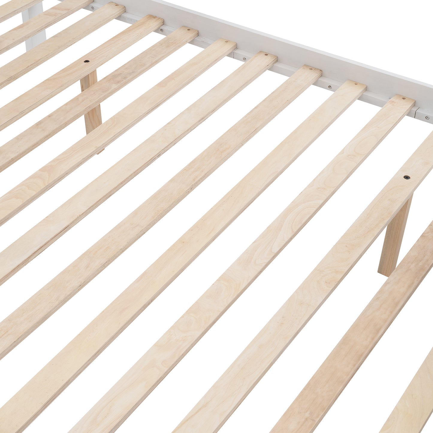 White metal bed frame with light wood slats for mattress support