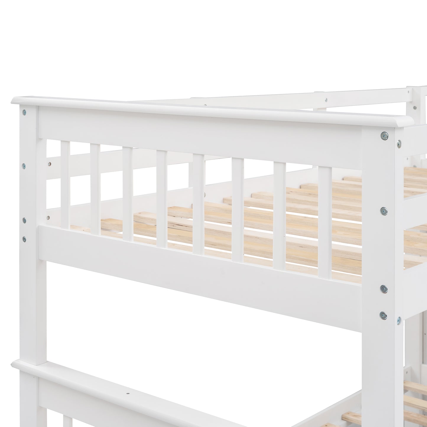 Closeup of a white wooden bunk bed frame with slatted base